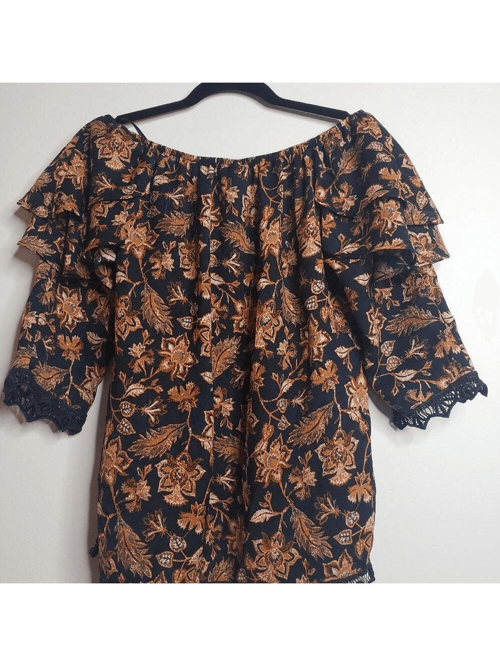 Off The Shoulder Ruffle Peasant Blouse - Deep Navy Sepia Flowers - XS